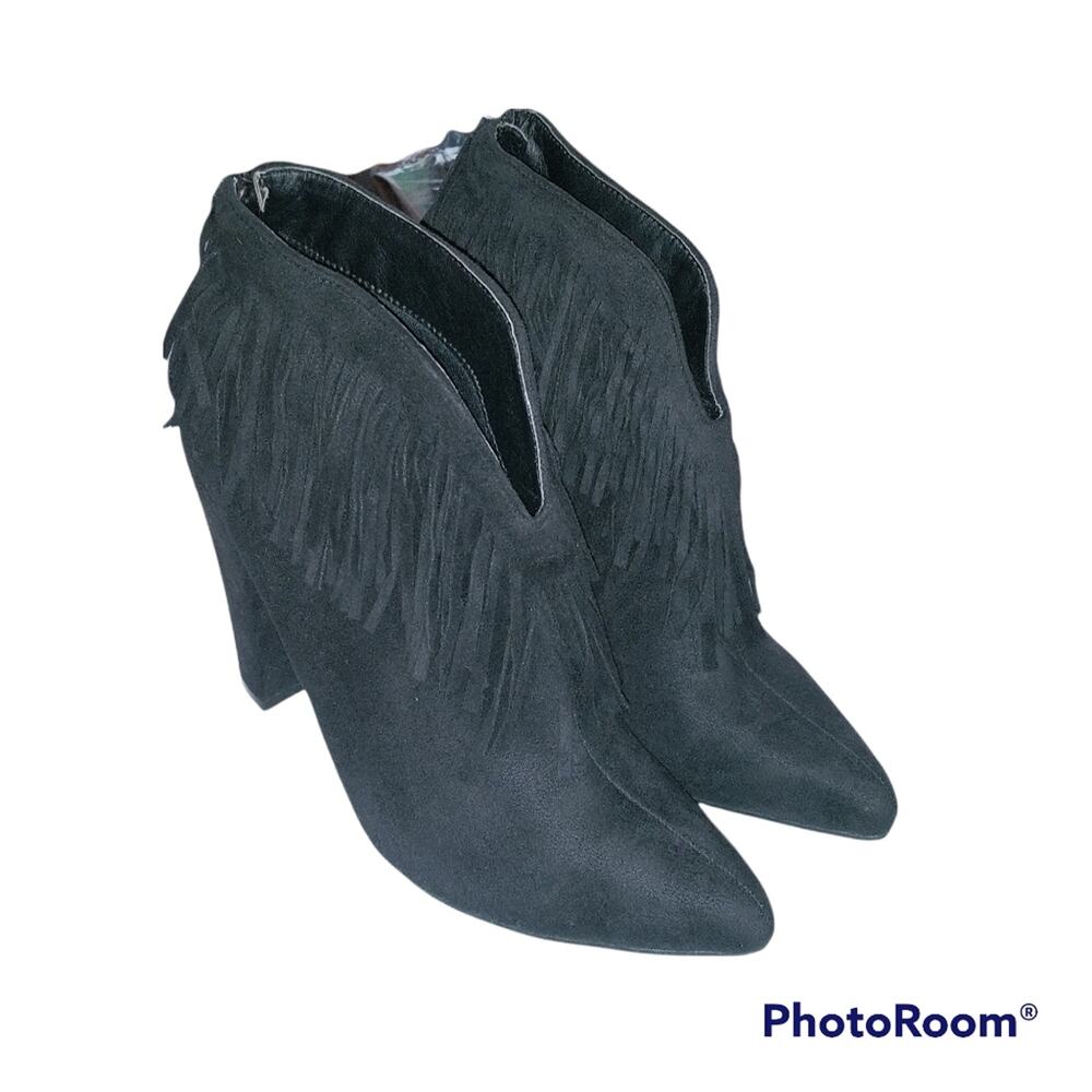 Michael Antonio Black Suede Fringe Heeled Booties Western Festival Size 8